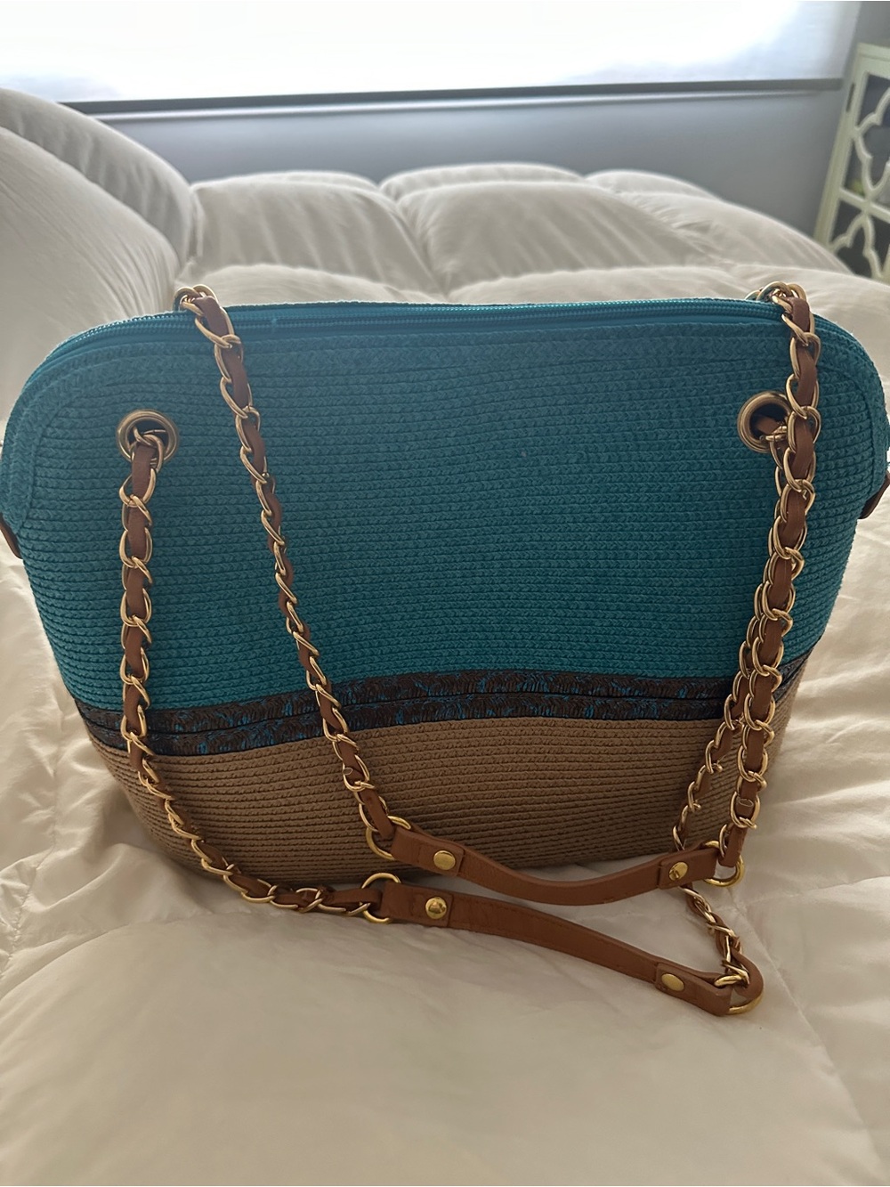 Teal and Brown Straw Shoulder Bag with Chain Strap